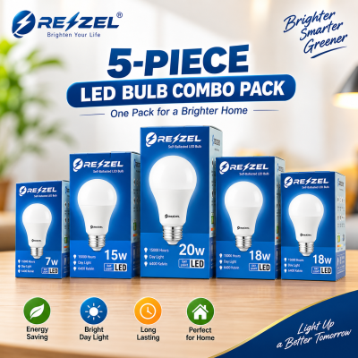 Rezzel LED Bulb 5-Piece Combo Pack (20W, 18W, 18W, 15W, 7W) – Energy Saving 6400K Cool White LED Bulbs with 270° Beam Angle, High Lumen Output & 1 Year Warranty